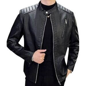 Firstway Mens Black Faux Leather Biker Jacket Cafe Racer Quilted Shoulder NEW